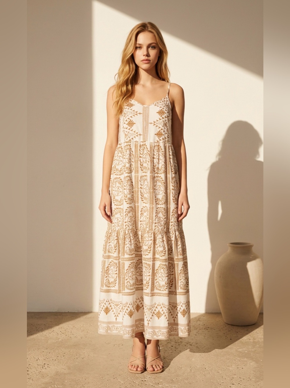 Tiered Spaghetti-Strap Maxi Dress in Cream and Tan